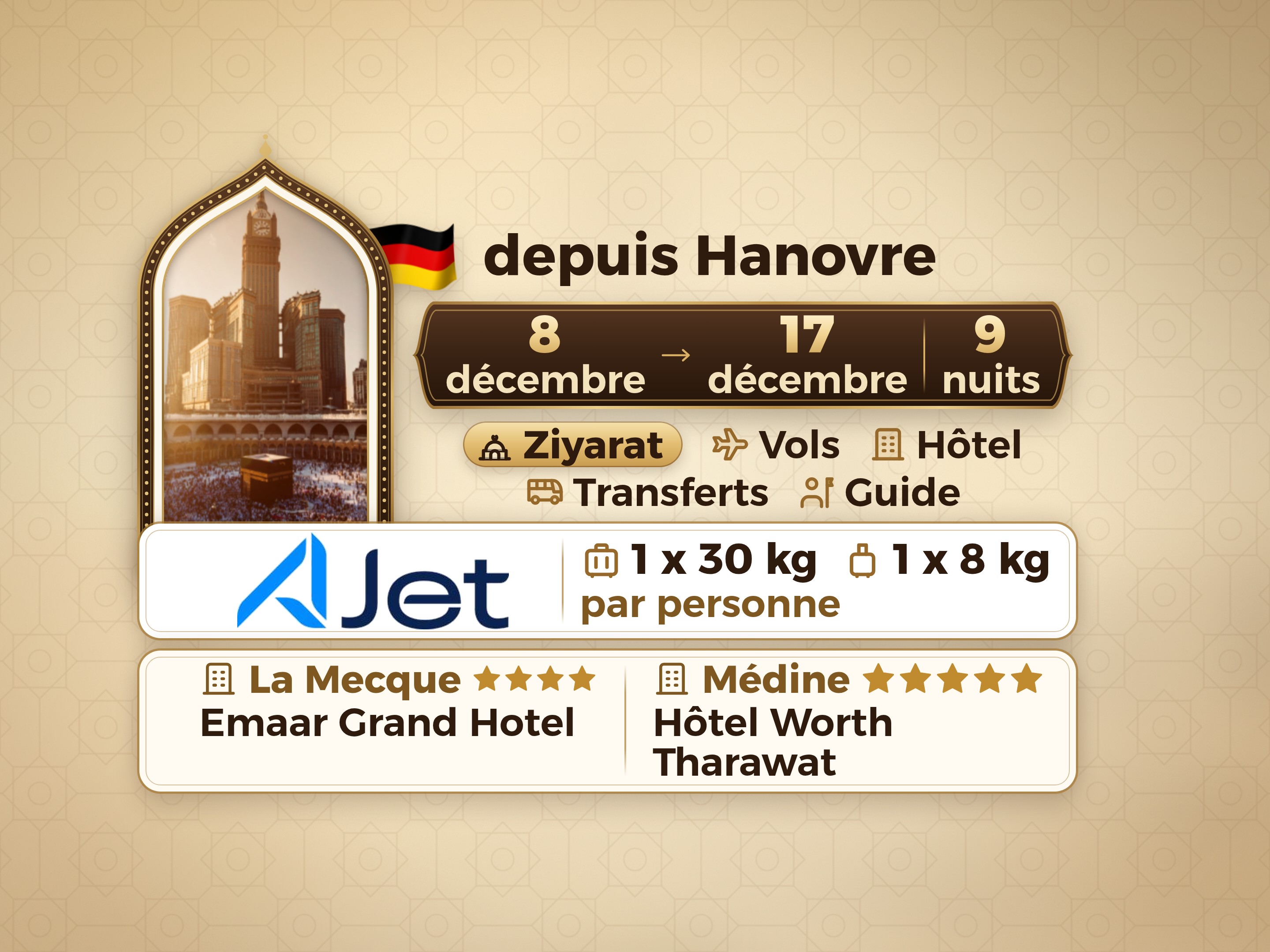 Forfait Umrah 11 Jours depuis Hannover, Tharawat Worth Madinah et Emaar Grand Makkah