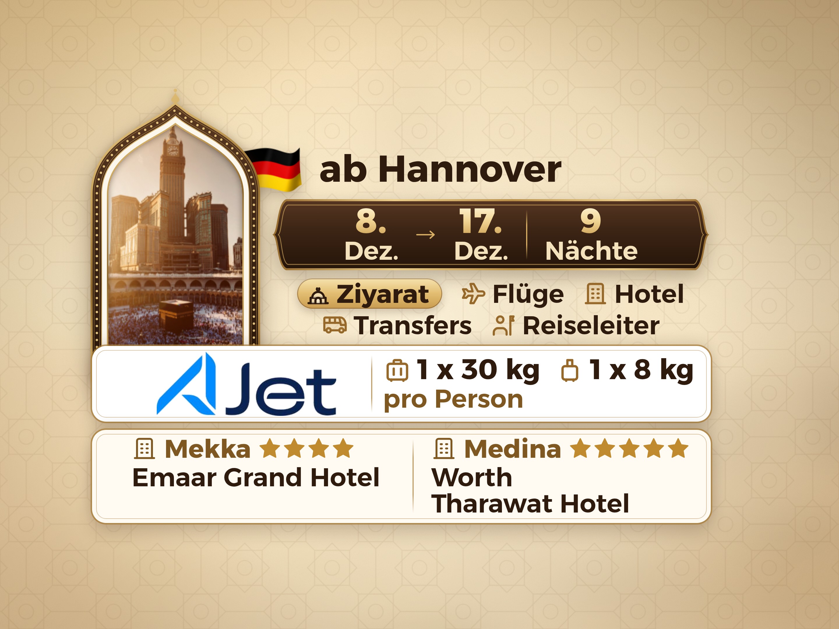 Umrah-Paket 11 Tage ab Hannover, Tharawat Worth Madinah und Emaar Grand Makkah