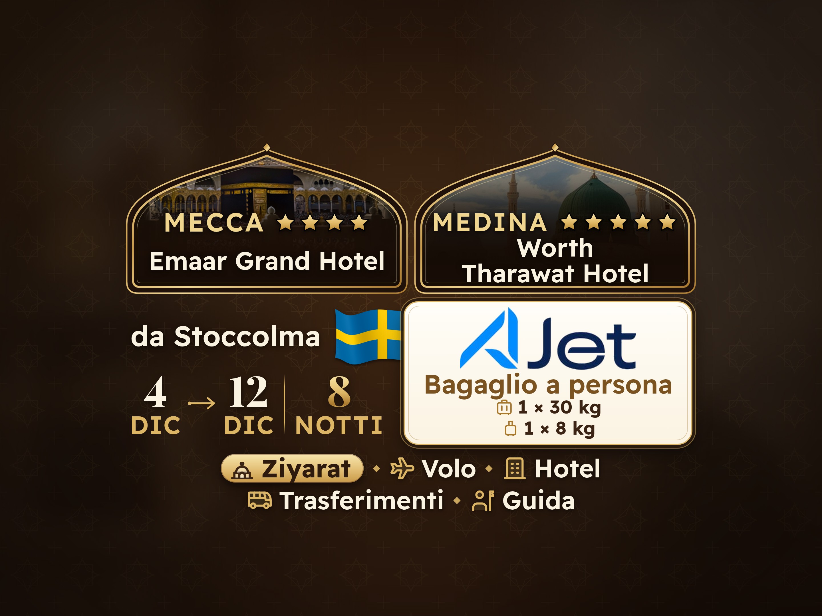 Pacchetto Umrah 10 Giorni da Stoccolma, Emaar Grand Makkah e Tharawat Worth Madinah, La Mecca – Umrah Express – 1