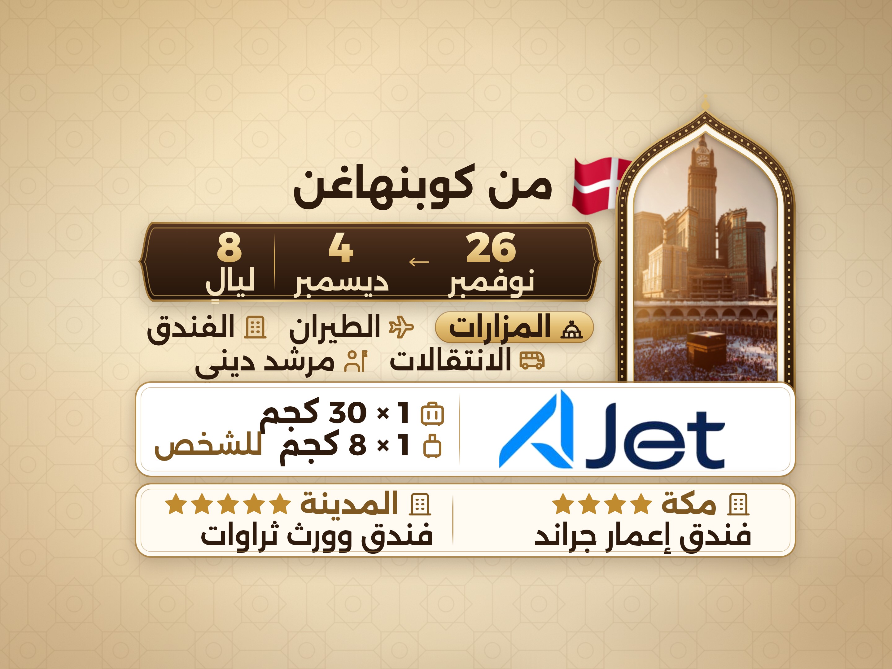 باقة العمرة لمدة 10 أيام من كوبنهاغن، ثروات في المدينة وعمارة جراند مكة, مكة – Umrah Express – 1