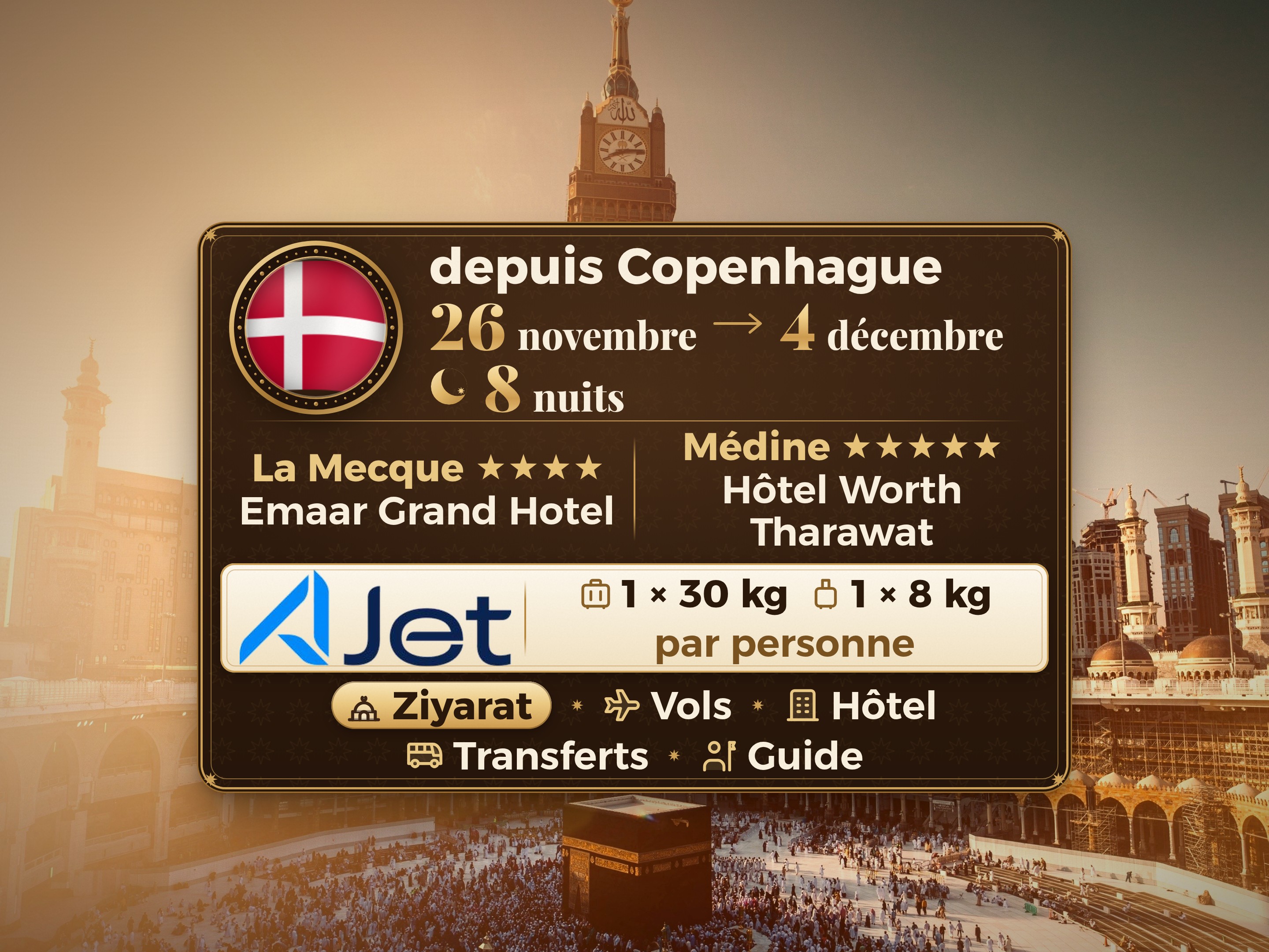 Forfait Umrah 10 Jours depuis Copenhague, Tharawat Worth Madinah et Emaar Grand Makkah, La Mecque – Umrah Express – 1
