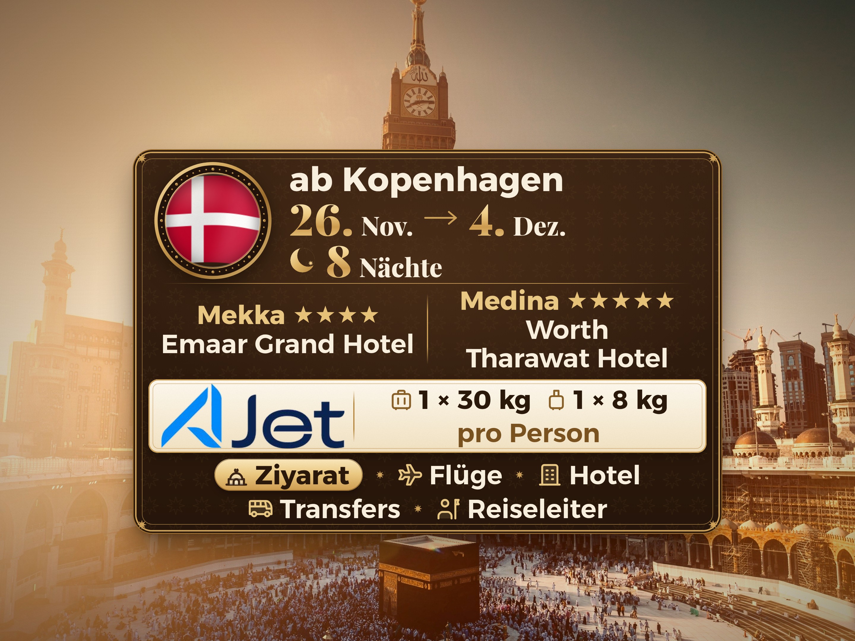 Umrah-Paket 10 Tage ab Kopenhagen, Tharawat Worth Madinah und Emaar Grand Makkah, Mekka – Umrah Express – 1