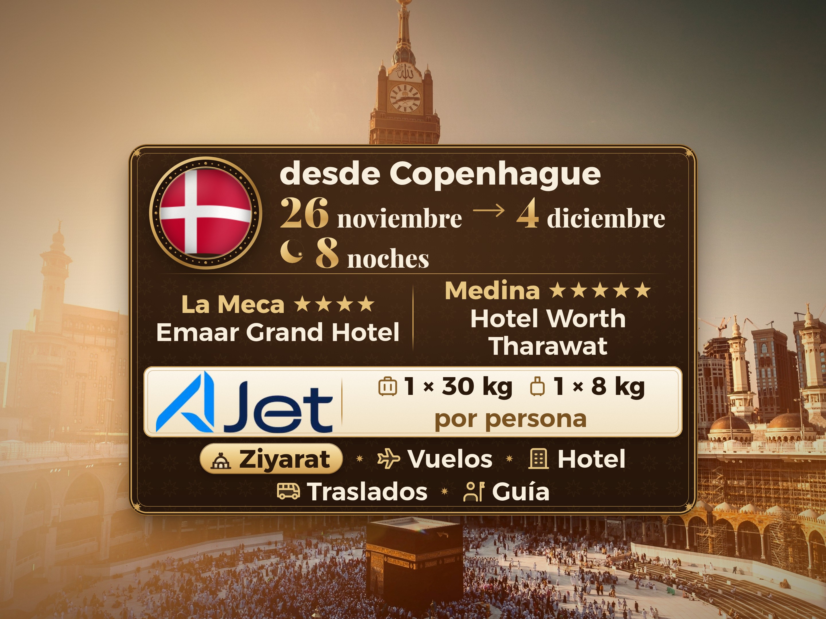 Paquete de Umrah de 10 Días desde Copenhague, Tharawat Worth Madinah y Emaar Grand Makkah, La Meca – Umrah Express – 1