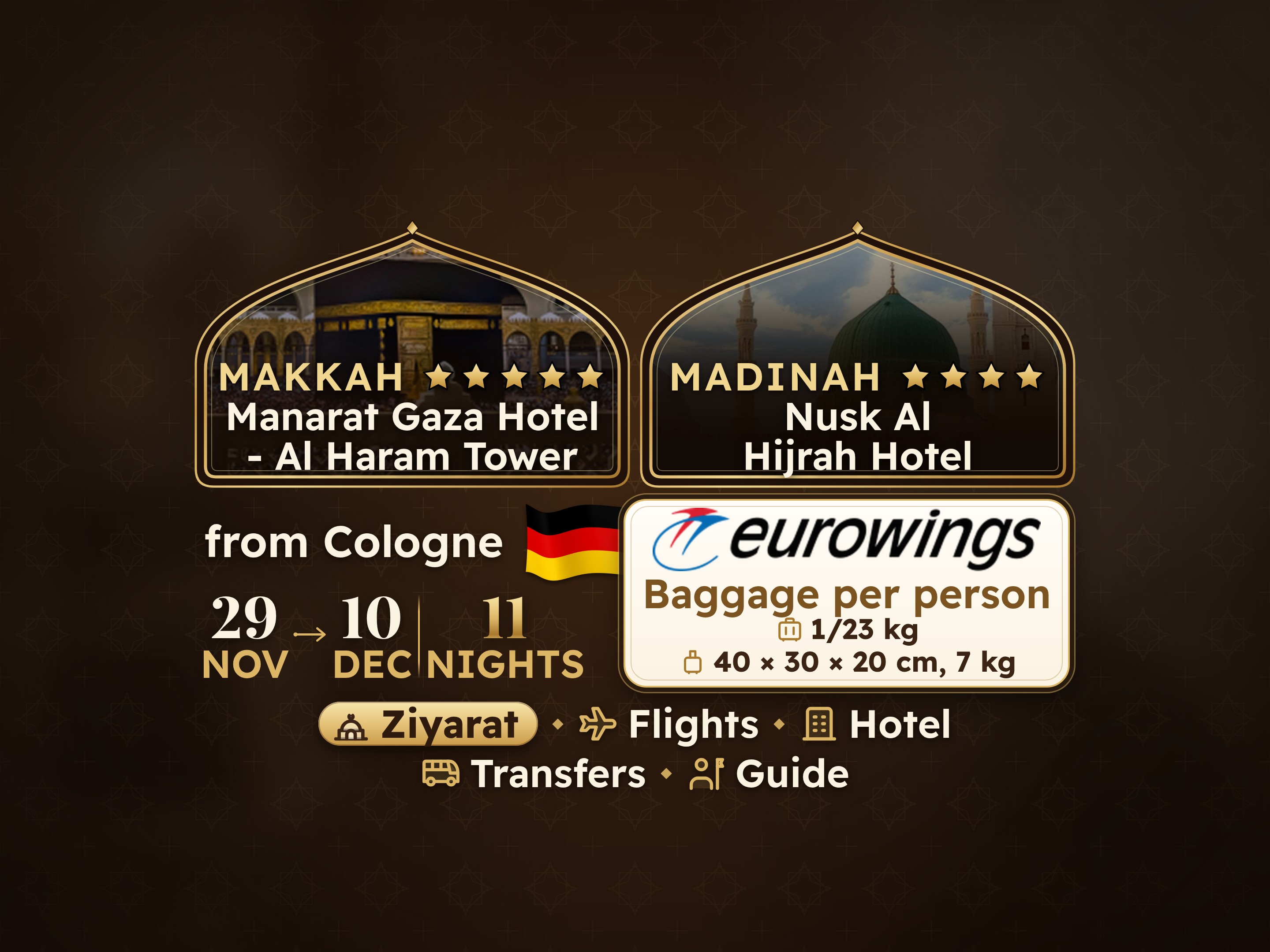 Umrah Package for 12 days 11 nights at Manarat Giza Hotel in Mecca and Nesk Al-Hijra Hotel in Medina