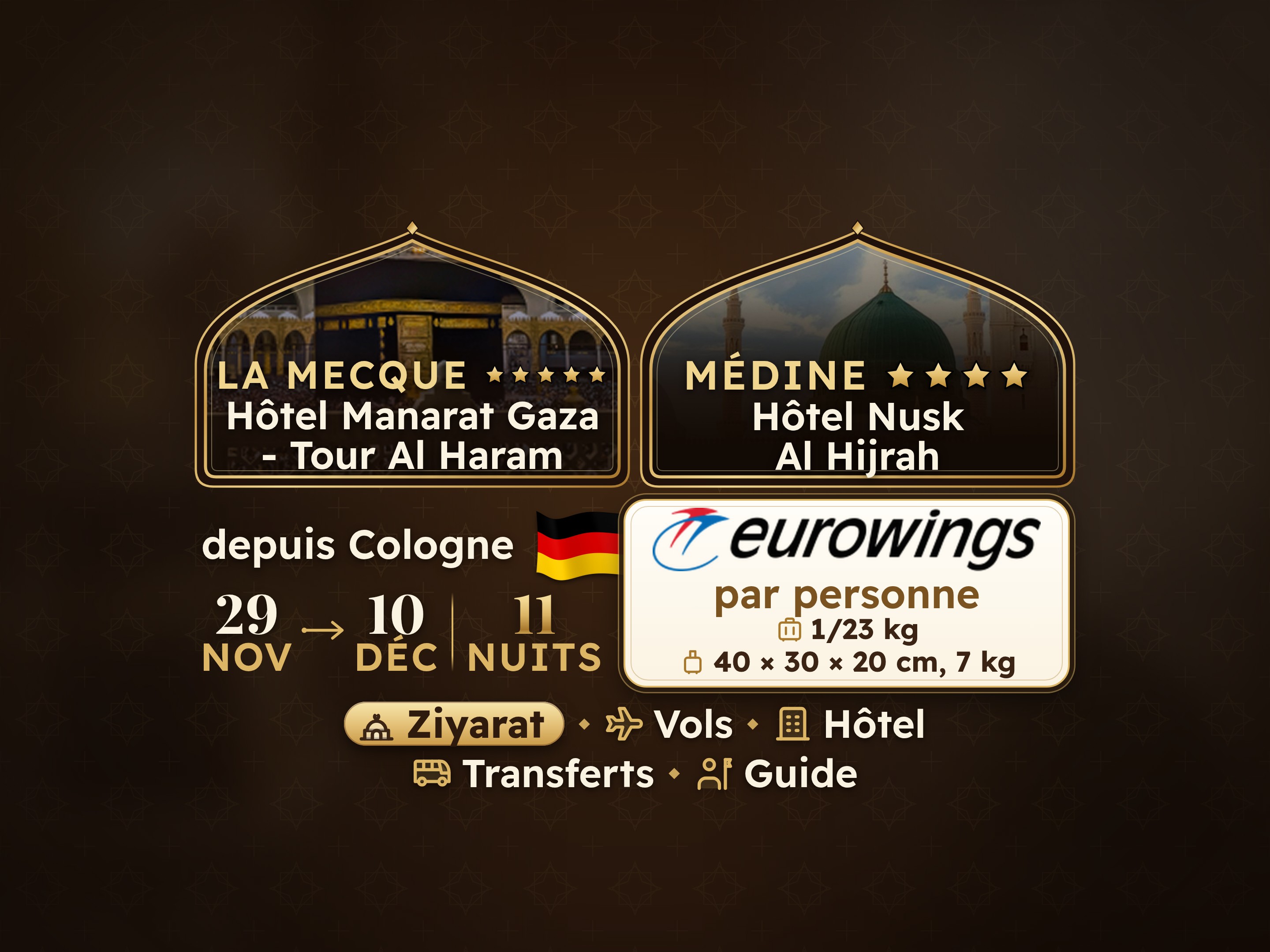Forfait Omra de 12 jours et 11 nuits à l'hôtel Manarat Giza à La Mecque et à l'hôtel Nesk Al-Hijra à Médine