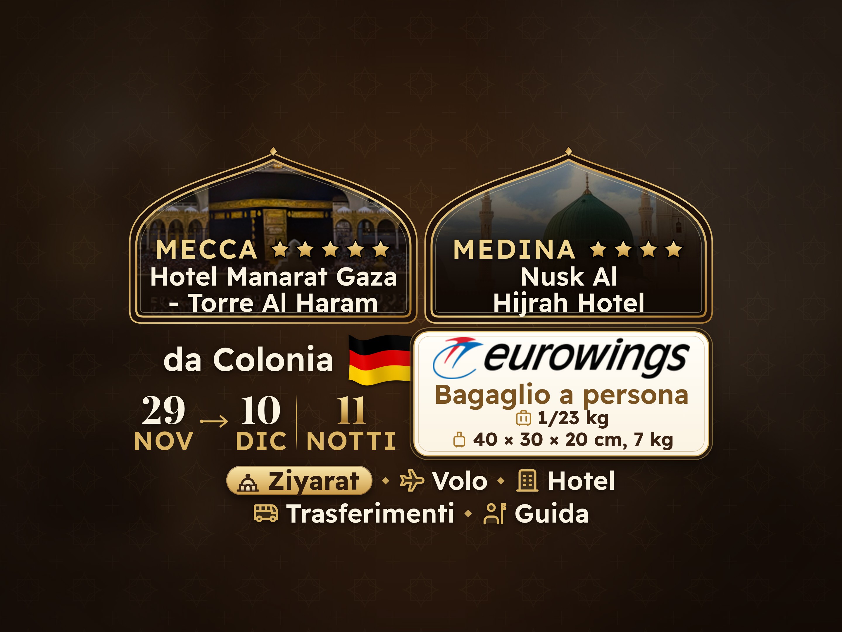 Pacchetto Umrah di 12 giorni e 11 notti presso l'Hotel Manarat Giza a La Mecca e l'Hotel Nesk Al-Hijra a Medina