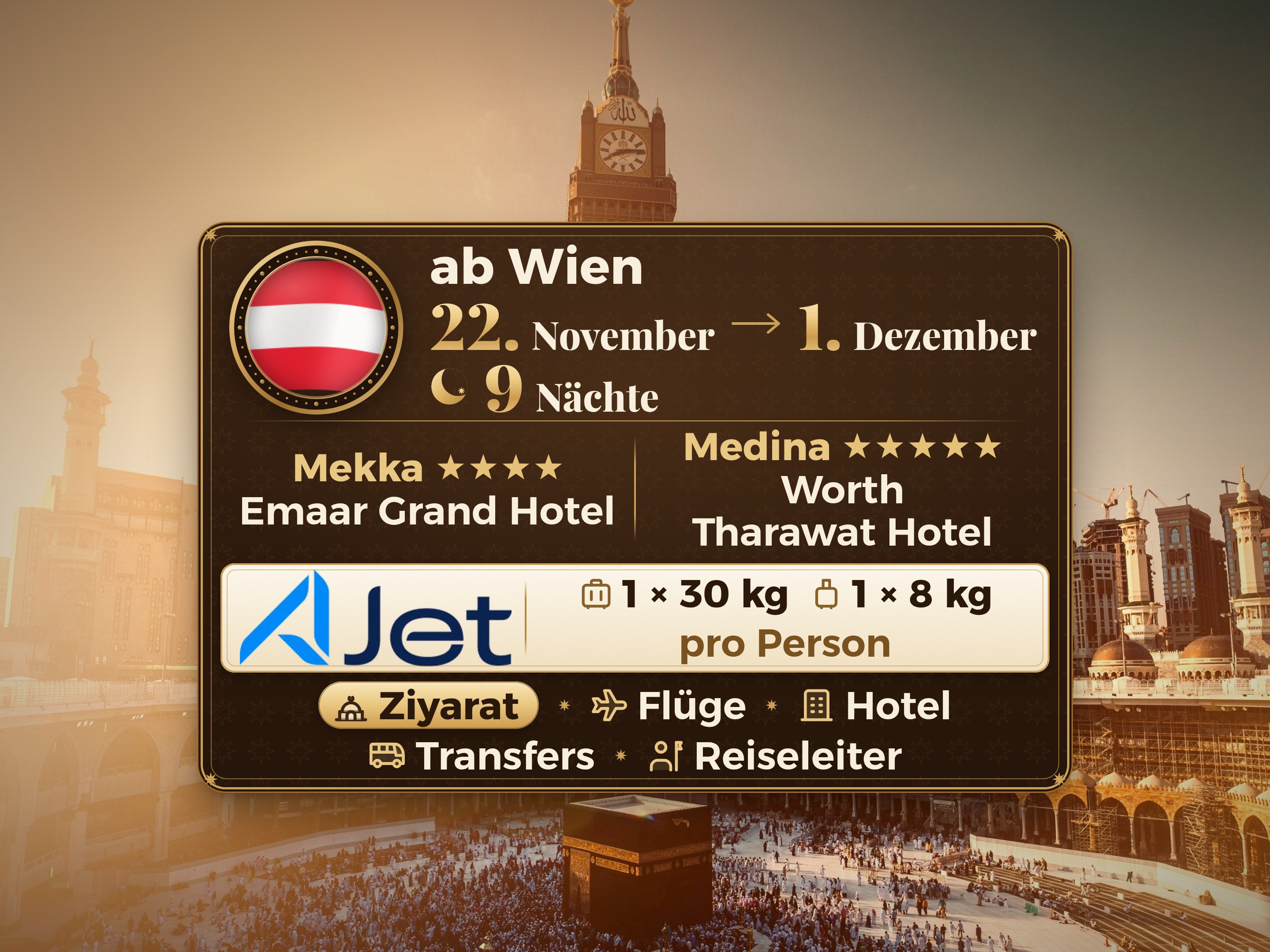 11-tägiges Umrah-Paket ab Wien, Tharawat Worth Madinah und Emaar Grand Makkah, Mekka – Umrah Express – 1