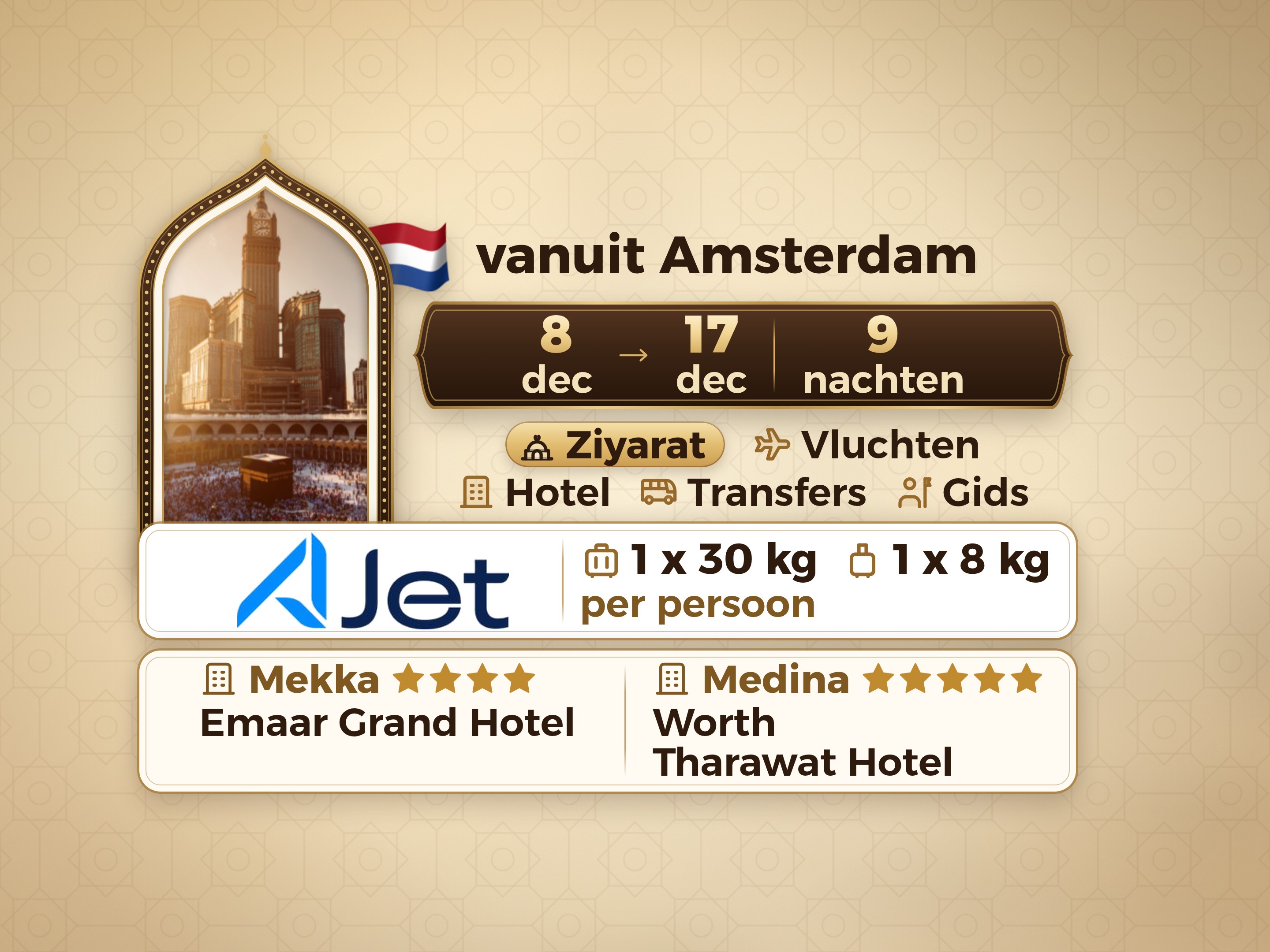 Umrah Pakket 11 Dagen vanaf Amsterdam, Tharawat Worth Madinah en Emaar Grand Makkah