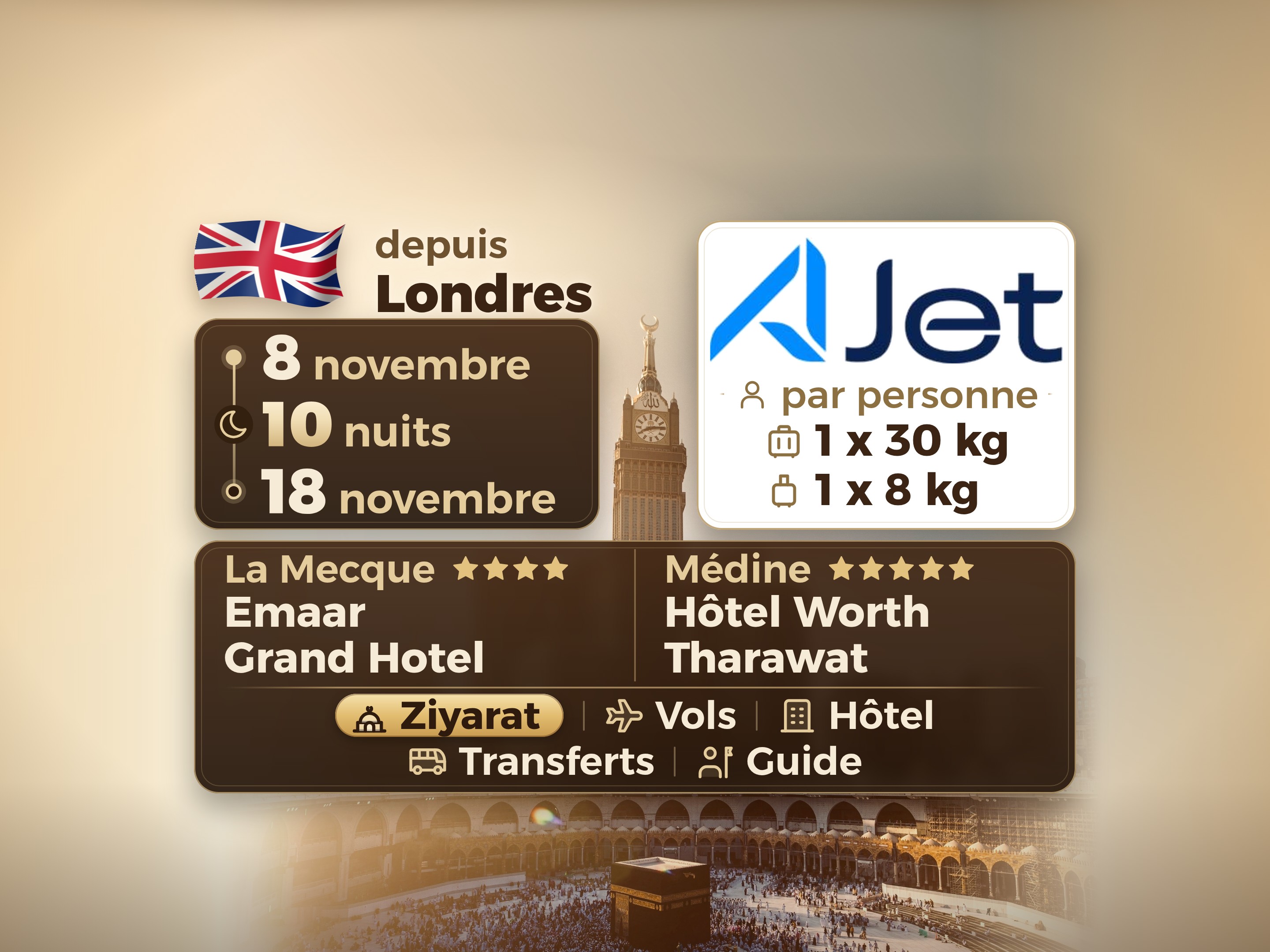 Forfait Umrah 12 Jours depuis Londres, Tharawat Worth Madinah et Emaar Grand Makkah, La Mecque – Umrah Express – 1