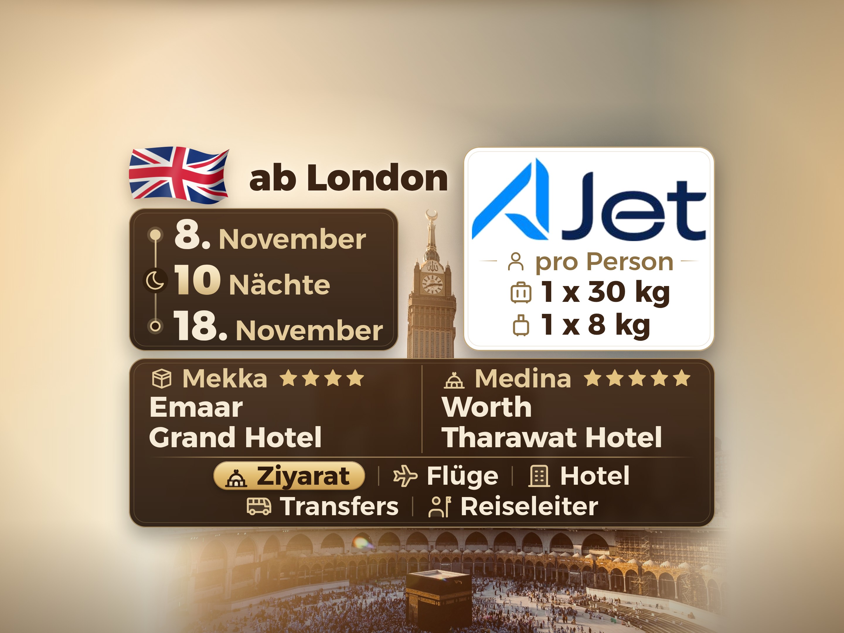 Umrah-Paket 12 Tage ab London, Tharawat Worth Madinah und Emaar Grand Makkah, Mekka – Umrah Express – 1