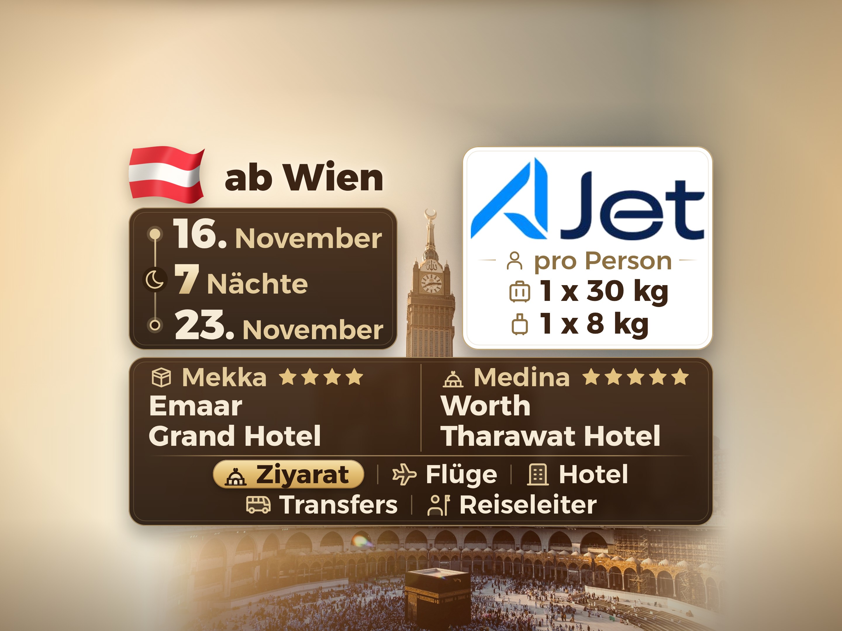Umrah-Paket 9 Tage von Wien, Tharawat Worth Madinah und Emaar Grand Makkah, Mekka – Umrah Express – 1