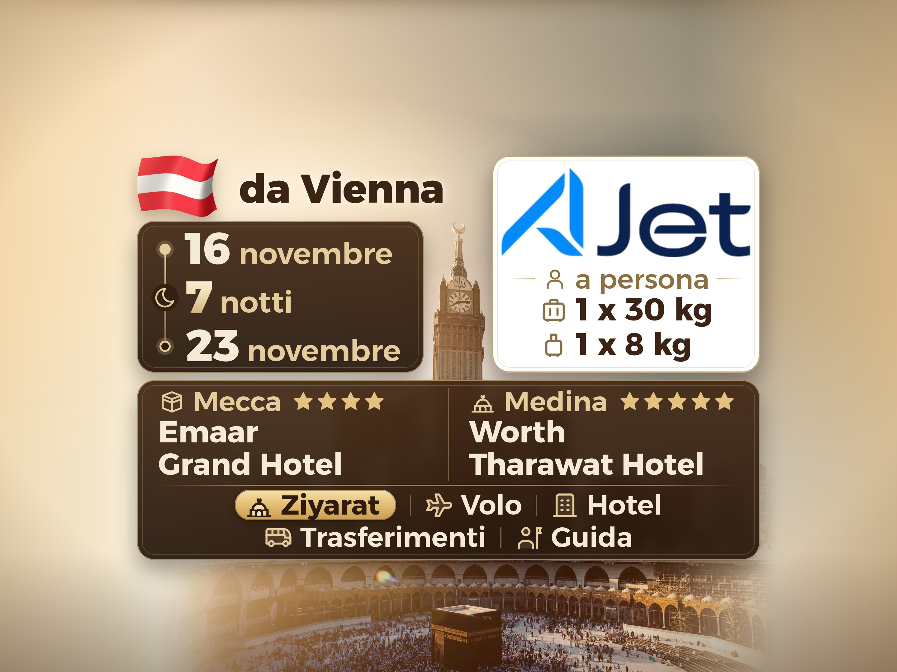 Pacchetto Umrah 9 Giorni da Vienna, Tharawat Worth Madinah e Emaar Grand Makkah, La Mecca – Umrah Express – 1