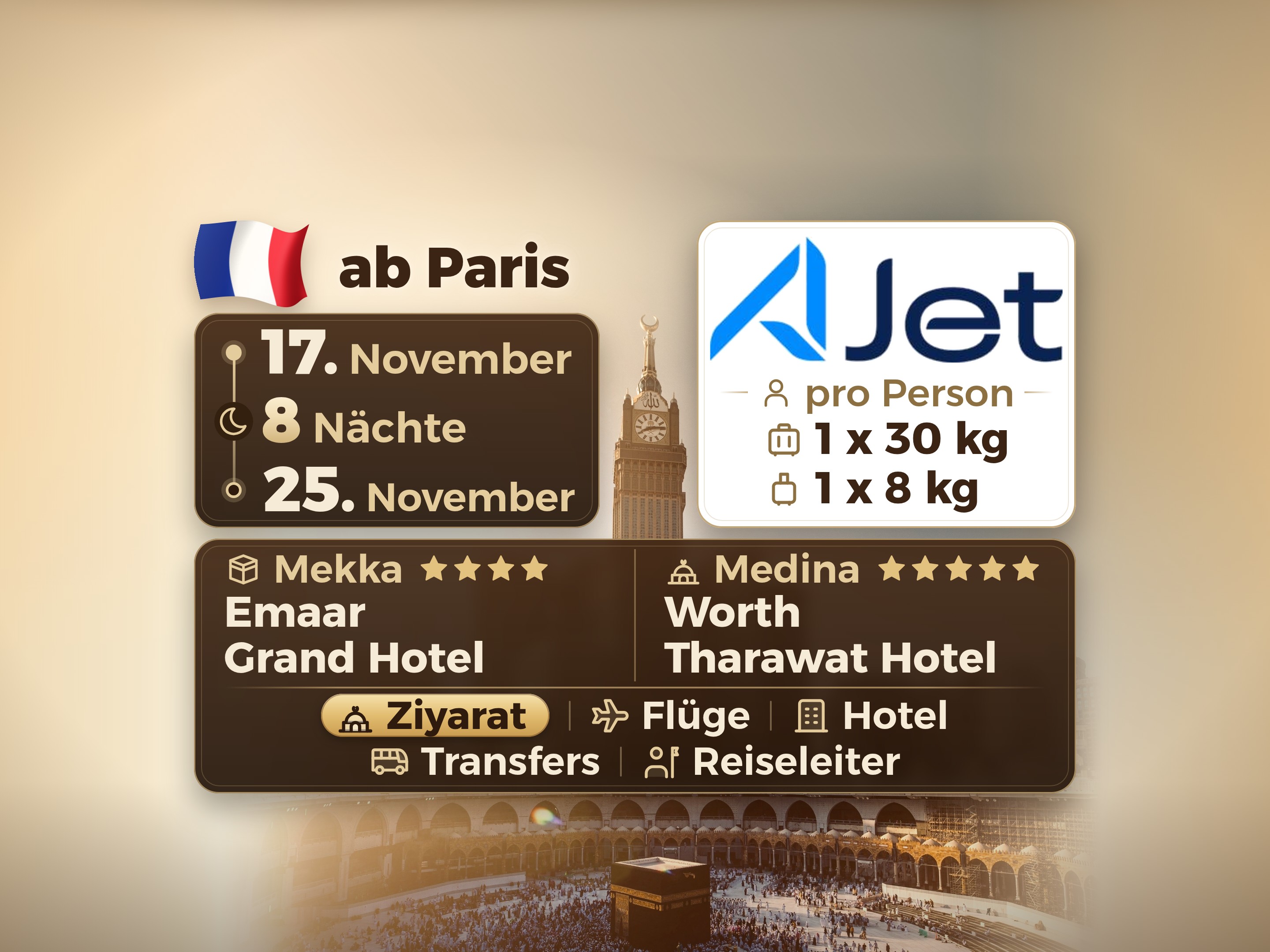 Umrah-Paket 10 Tage ab Paris, Tharawat Worth Madinah und Emaar Grand Makkah, Mekka – Umrah Express – 1