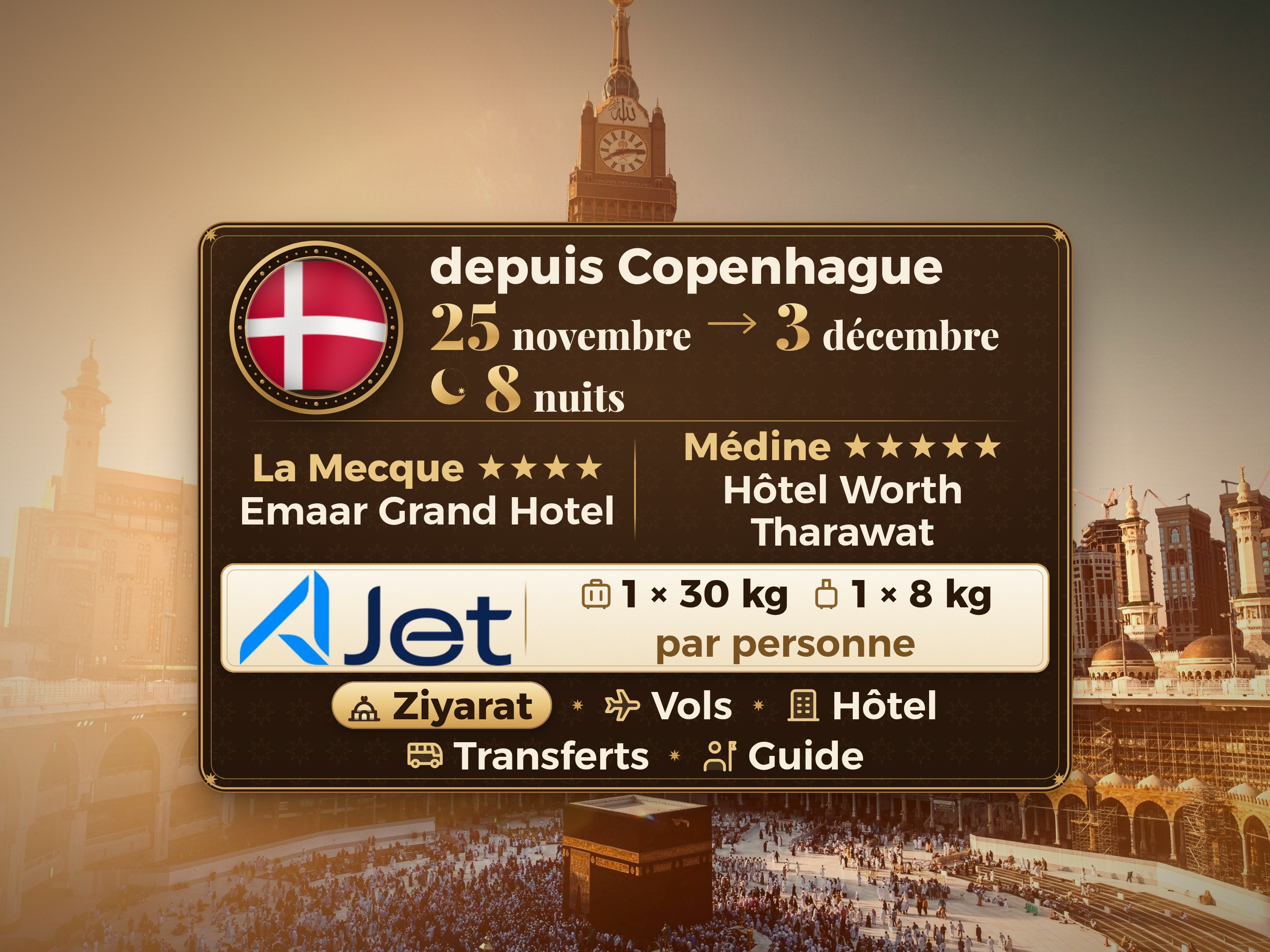 Forfait Umrah 10 Jours depuis Copenhague, Emaar Grand Makkah et Tharawat Worth Madinah, La Mecque – Umrah Express – 1