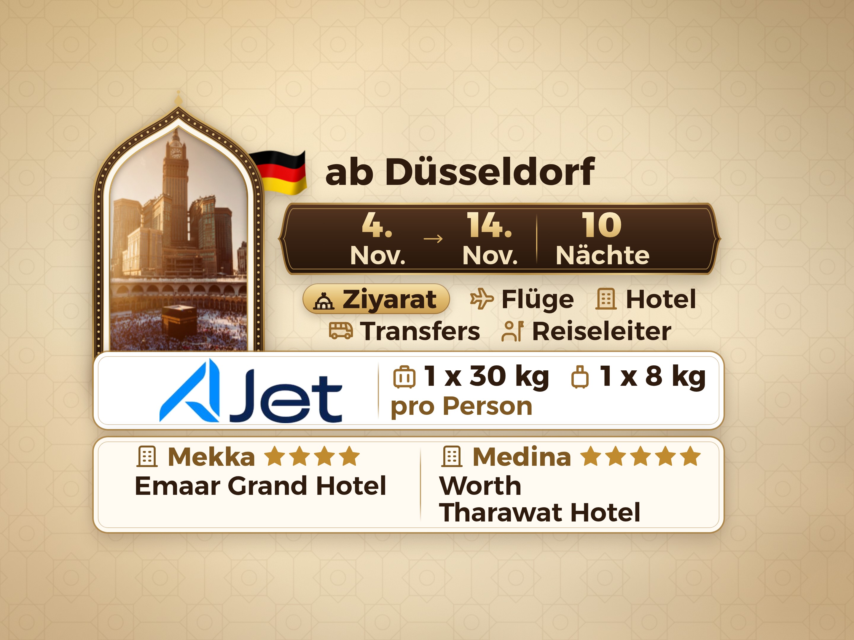 Umrah-Paket 12 Tage ab Dusseldorf, Emaar Grand Makkah und Tharawat Worth Madinah, Mekka – Umrah Express – 1