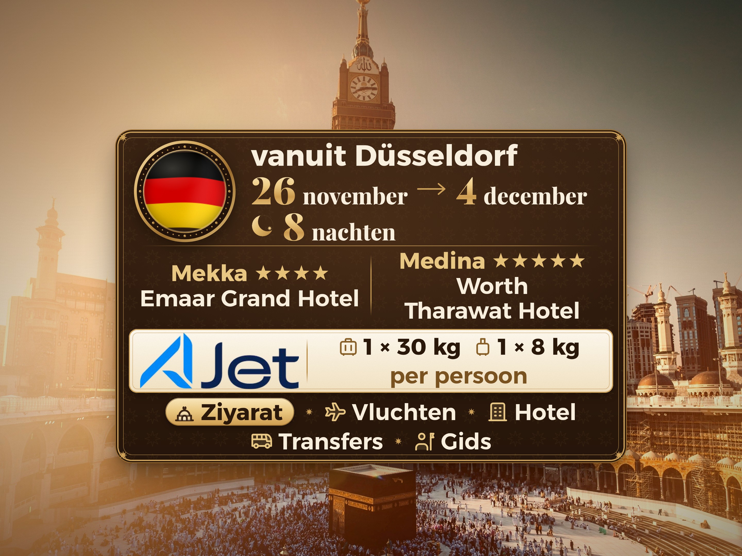 Umrah Pakket 10 Dagen vanaf Dusseldorf, Tharawat Worth Madinah en Emaar Grand Makkah, Mekka – Umrah Express – 1