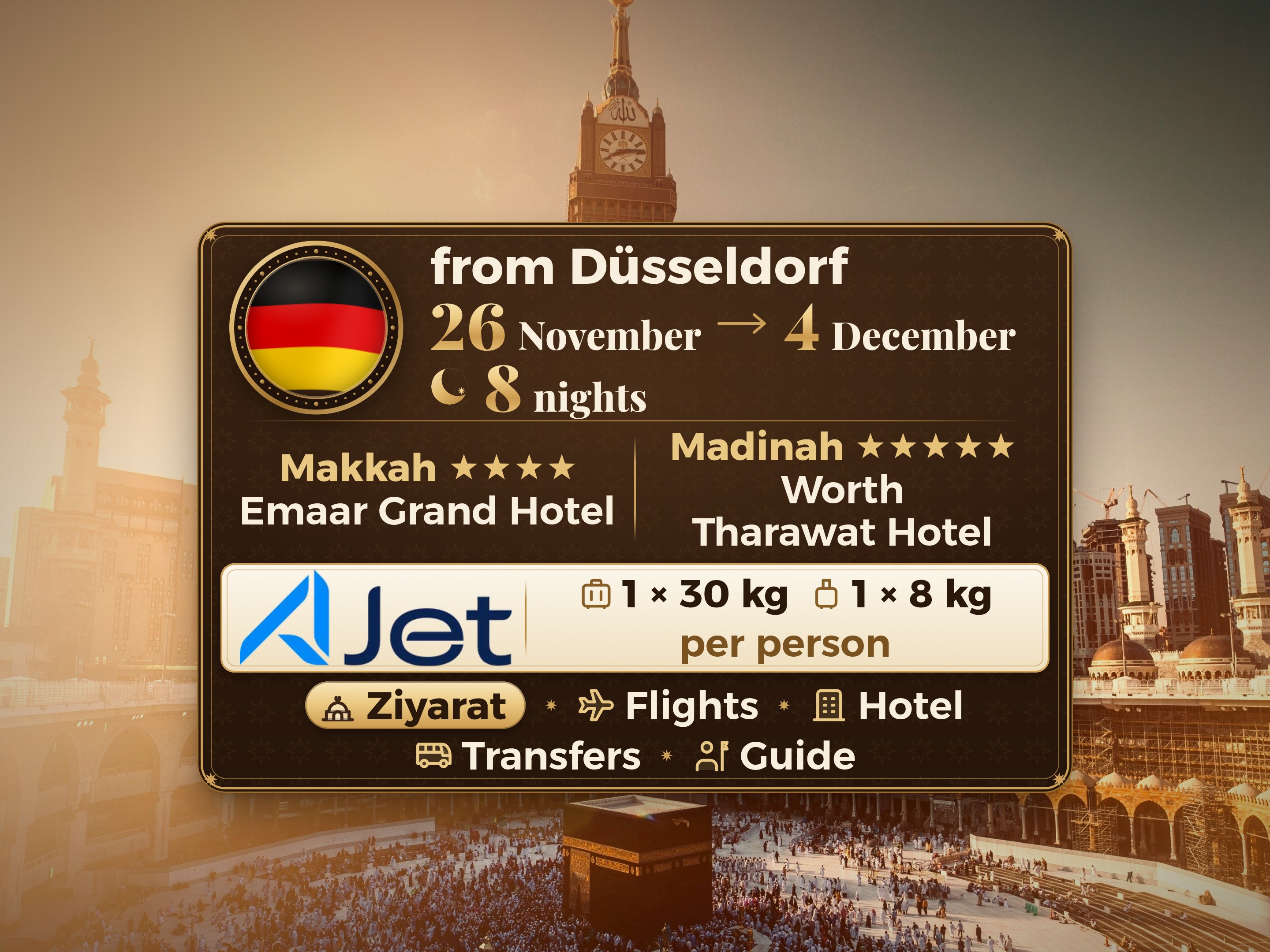 Umrah Package 10 Days from Dusseldorf, Tharawat Worth Madinah and Emaar Grand Makkah, Makkah – Umrah Express – 1