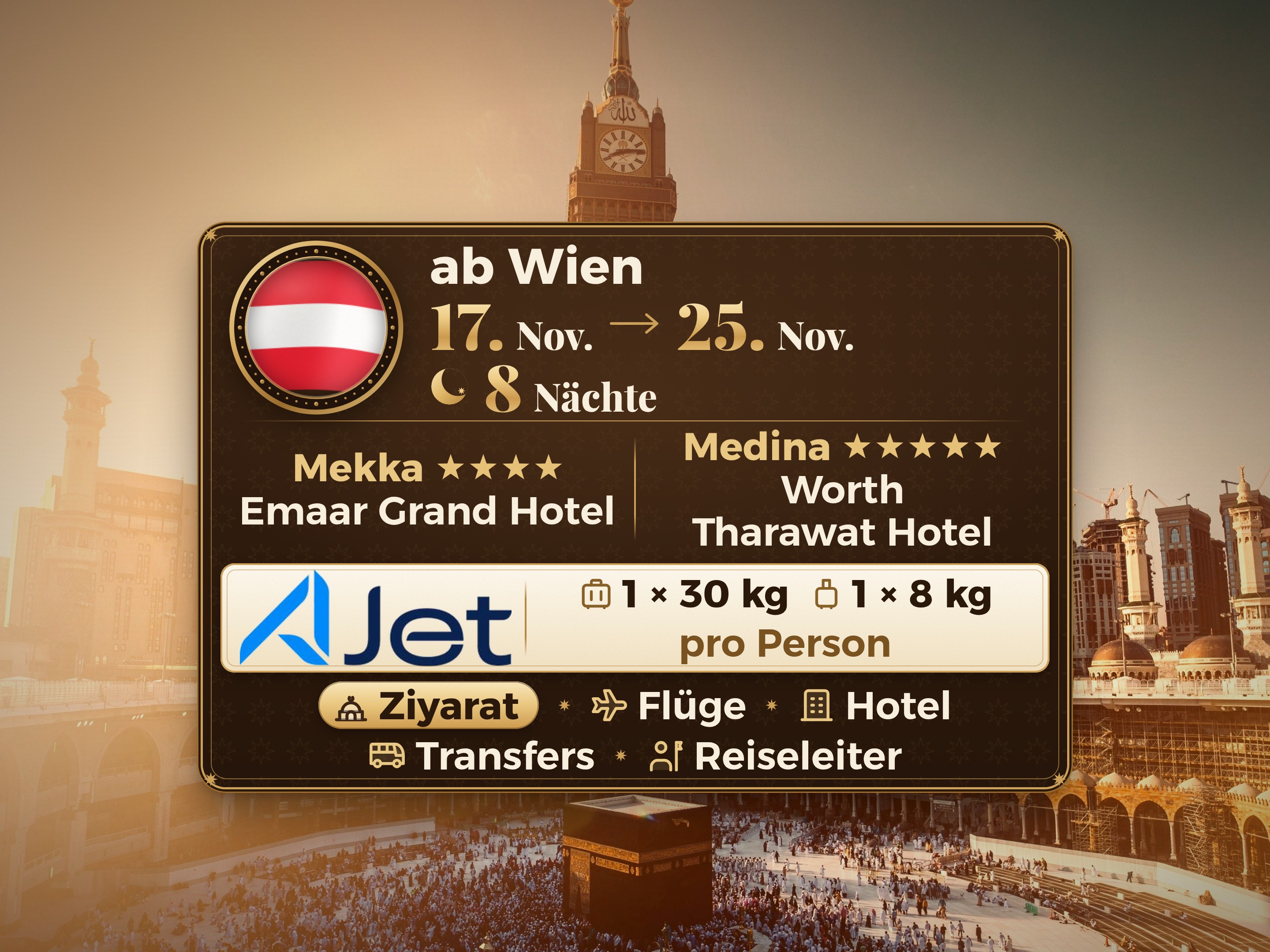 Umrah-Paket 10 Tage von Wien, Tharawat Worth Madinah und Emaar Grand Makkah, Mekka – Umrah Express – 1