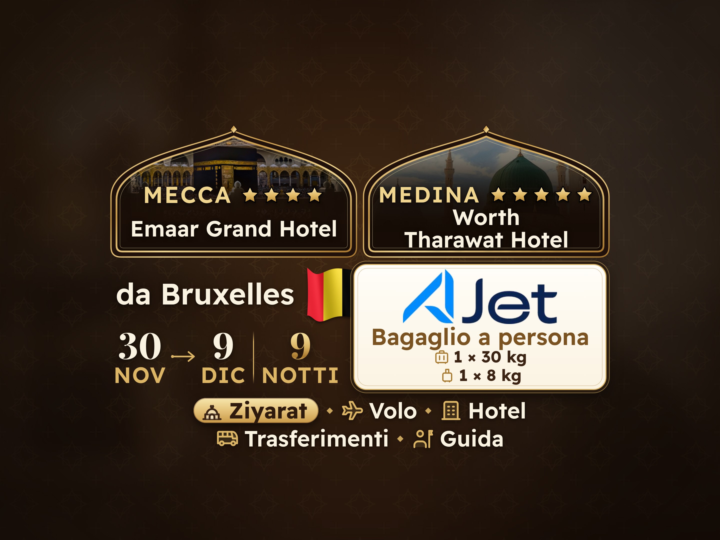 Pacchetto Umrah 11 Giorni da Bruxelles, Tharawat Worth Madinah e Emaar Grand Makkah, La Mecca – Umrah Express – 1
