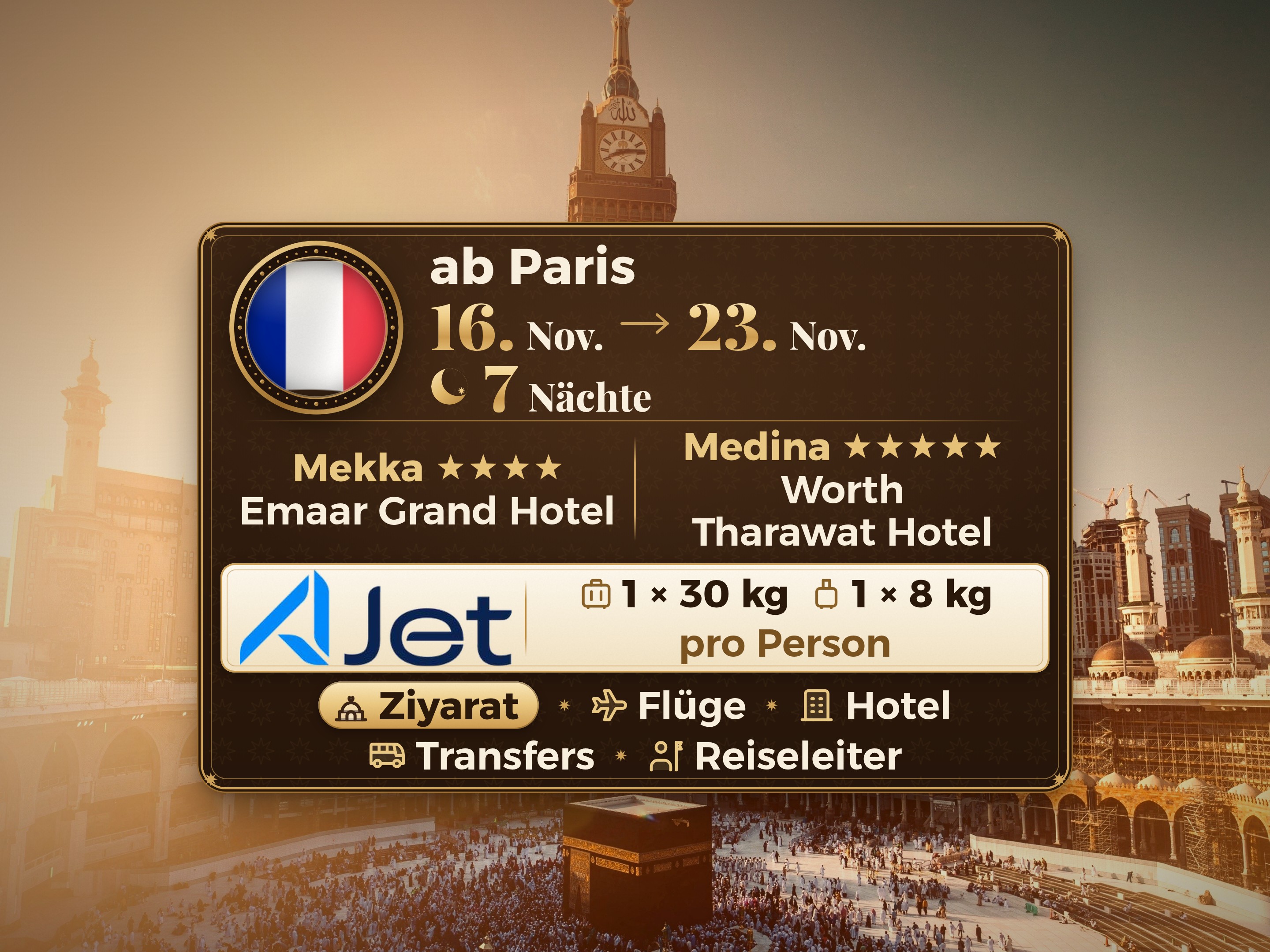 Umrah-Paket 9 Tage ab Paris, Tharawat Worth Madinah und Emaar Grand Makkah, Mekka – Umrah Express – 1