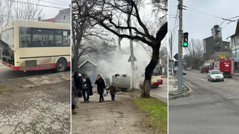  Fum și panică pe o stradă din Bălți: Un autobuz cu pasageri a luat foc