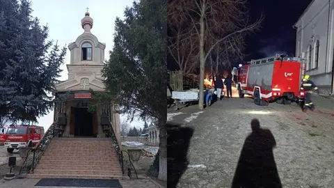  (FOTO) O biserică din Drochia, cuprinsă de flăcări înainte de Crăciunul pe stil vechi: Patru echipaje de pompieri au luptat cu focul