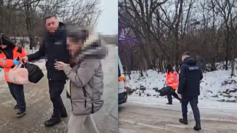 (VIDEO) „Poliția mă duce.” O tânără însărcinată, transportată de oamenii legii până la ambulanța care nu a putut ajunge la ea, din cauza poleiului