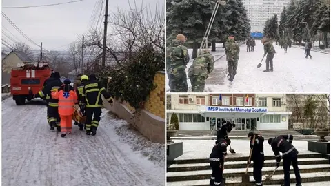  (FOTO) Au lăsat armele și furtunul pentru lopeți. Forțele de ordine și salvatorii, mobilizați pentru curățarea zăpezii și ghețușului. Ceban: Așa trebuie să lucrăm, umăr la umăr