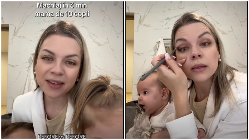  (VIDEO) „E în sângele meu.” Marina Cârnaț, întrebată cum reușește să se machieze, în timp record, cu copiii în brațe