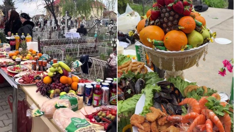  (VIDEO) Lux la cimitir, de Paștele Blajinilor: Cozonaci de 5 kg și mese cu creveți, somon și fructe exotice, la Soroca