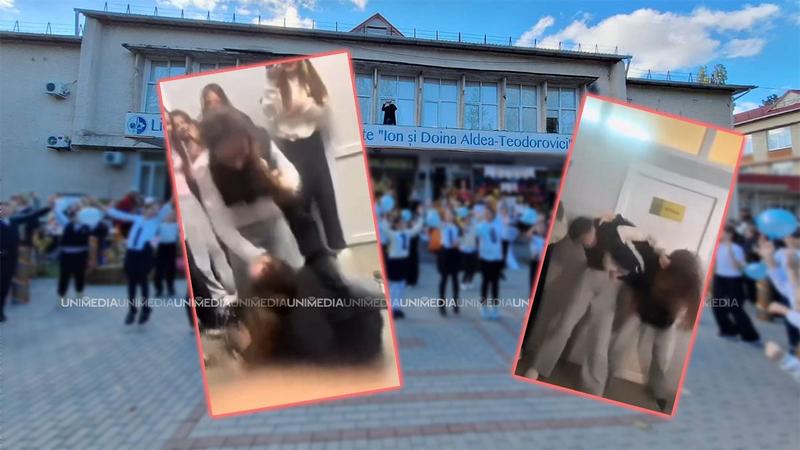  (VIDEO) Bătaie la un liceu de la Buiucani. Două minore, filmate cum se trag de păr și își împart pumni: „Nu vezi că sunt cu ghiozdanul, fa?”
