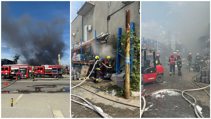  (FOTO/VIDEO) Incendiul devastator care a cuprins un depozit de tractoare, anvelope și ulei, în imagini: 90 de pompieri și salvatori luptă cu flăcările