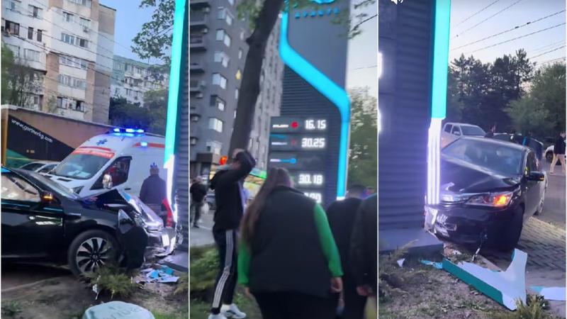  (VIDEO) Accident violent pe str. Grenoble: O Honda s-a izbit de un panou de la o benzinărie. O femeie ar fi fost lovită