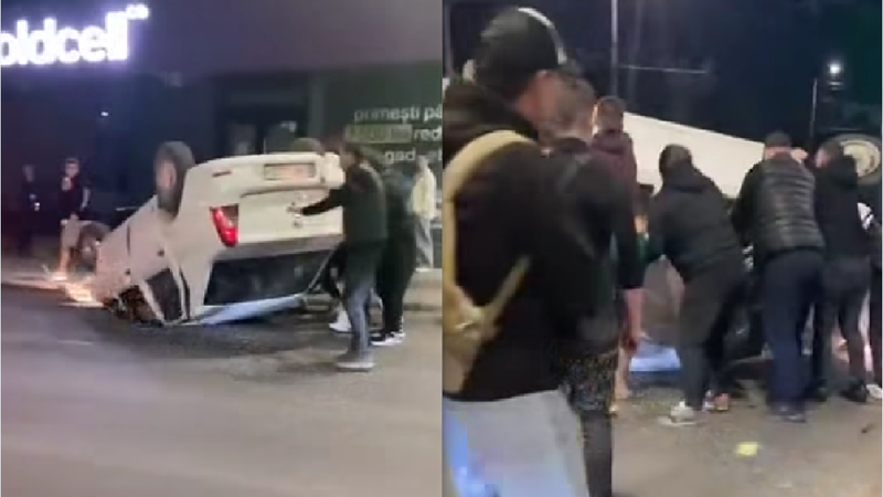  (VIDEO) Un șofer s-a izbit cu mașina de scările unui magazin din capitală, apoi s-a răsturnat