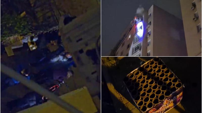  (VIDEO) Doi bărbați, reținuți după incendiul provocat de artificii la un apartament de la etajul 14 al unui bloc din capitală