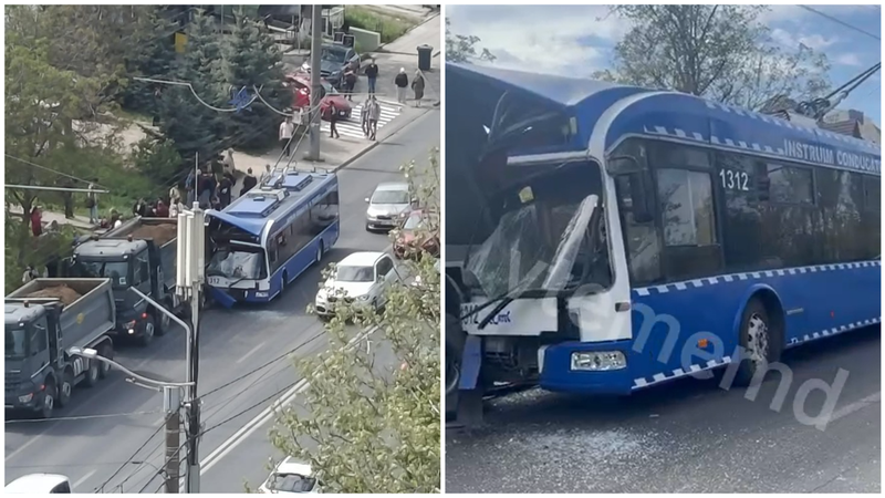  (FOTO/VIDEO) Accident grav la Buiucani: Un troleibuz plin cu pasageri a intrat violent într-un camion