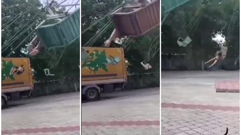  (VIDEO) Distracția s-a transformat în coșmar: Scaunele unui carusel cu copii, care se rotea, s-au lovit de un camion parcat în apropiere, la Sipoteni. O fetiță a căzut