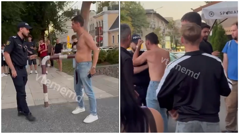  (VIDEO) „S*ca, te mănânc!” Un bărbat, filmat cum amenința un polițist, după ce s-a bătut cu alt tânăr, în apropiere de Catedrală