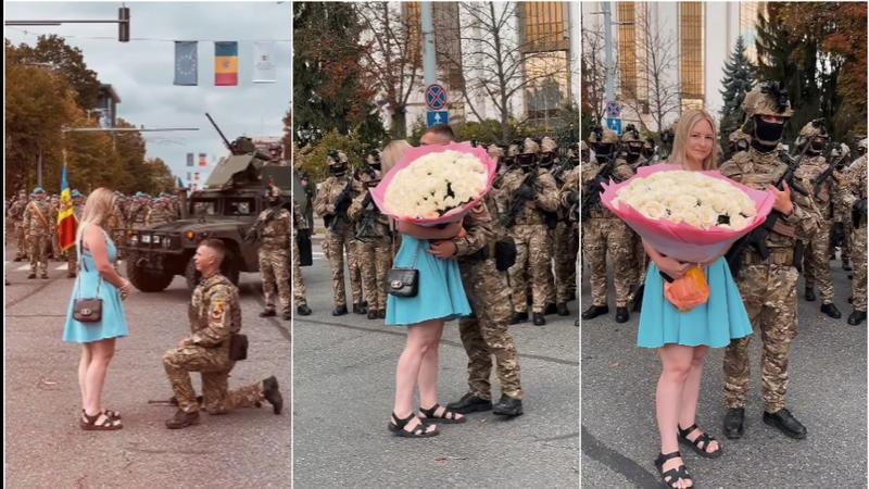  (VIDEO) A lăsat arma și cagula jos și și-a pus „inima în palmă”: Un militar și-a cerut iubita de soție, chiar la parada de Ziua Independenței