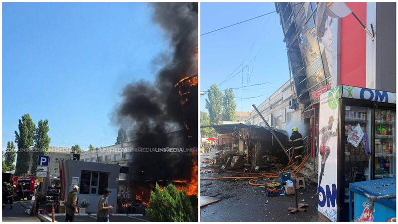  (FOTO) Fațada blocului administrativ al Pieței Centrale, distrusă în urma incendiului de astăzi: 10 echipaje de pompieri, antrenate în lupta cu flăcările