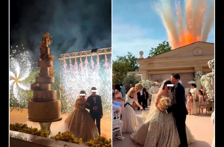  (FOTO) Nunta virală din Timișoara a dus extravaganța la alt nivel! Bolizi de milioane, tort cu zece etaje și cârnați atârnați în copaci