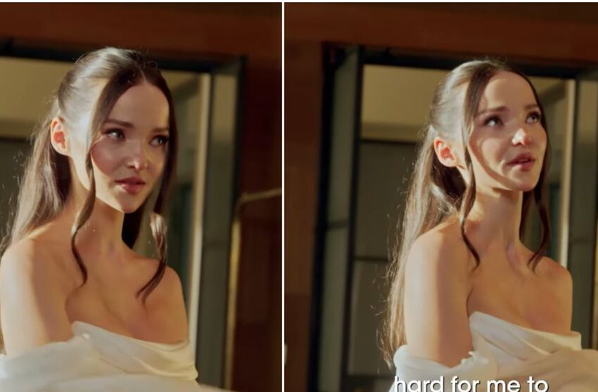  (VIDEO) A plâns când și-a văzut rochia de mireasă! Dove Cameron a purtat o adevărată operă de artă: rochia are o trenă dramatică și un voal de 4 metri, acoperit de „constelații”