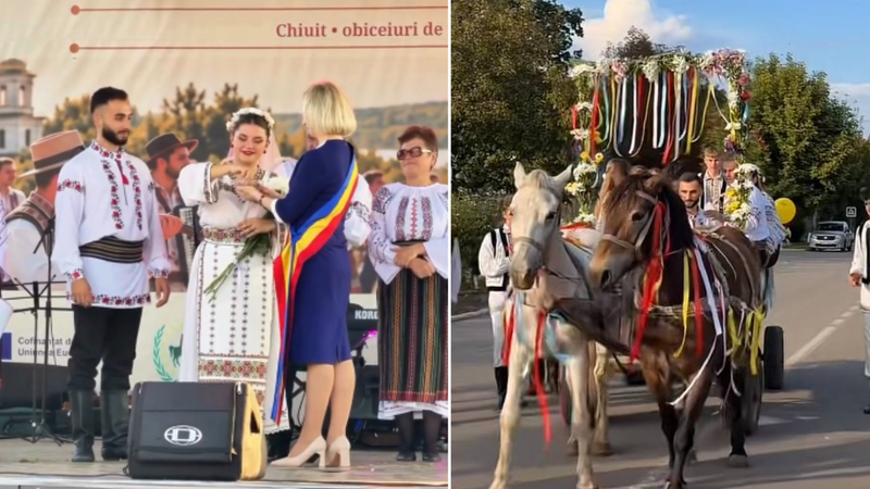  (VIDEO) Nuntă ca pe vremuri: Doi tineri din Criuleni s-au căsătorit de Hramul orașului. Cununia civilă a avut loc pe scenă, iar mireasa a fost adusă cu căruța
