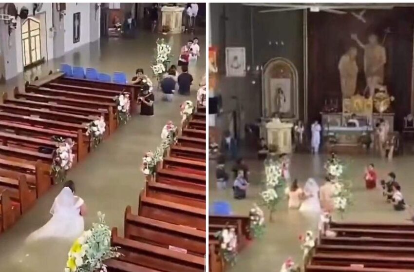  (VIDEO) S-au căsătorit într-o biserică inundată. Apa le-a ajuns aproape de genunchi, dar mirii din Filipine au refuzat să-și amâne nunta: „Nu ne-a deranjat”