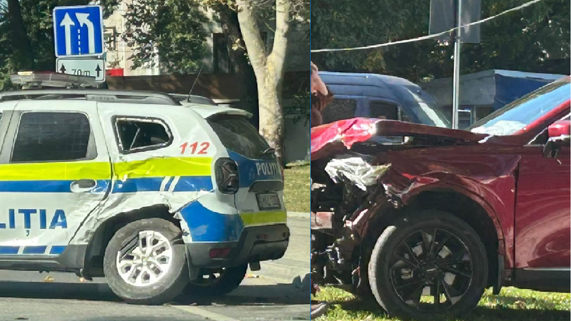  (FOTO) O mașină de poliție și un Haval s-au lovit violent într-o intersecție din capitală: Polițistul, transportat la spital