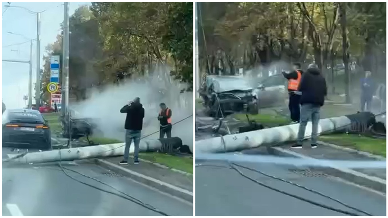  (VIDEO) Accident grav la Ciocana: Trei mașini distruse și un pilon electric doborât la sol. Trei ambulanțe și mai mulți pompieri, la fața locului