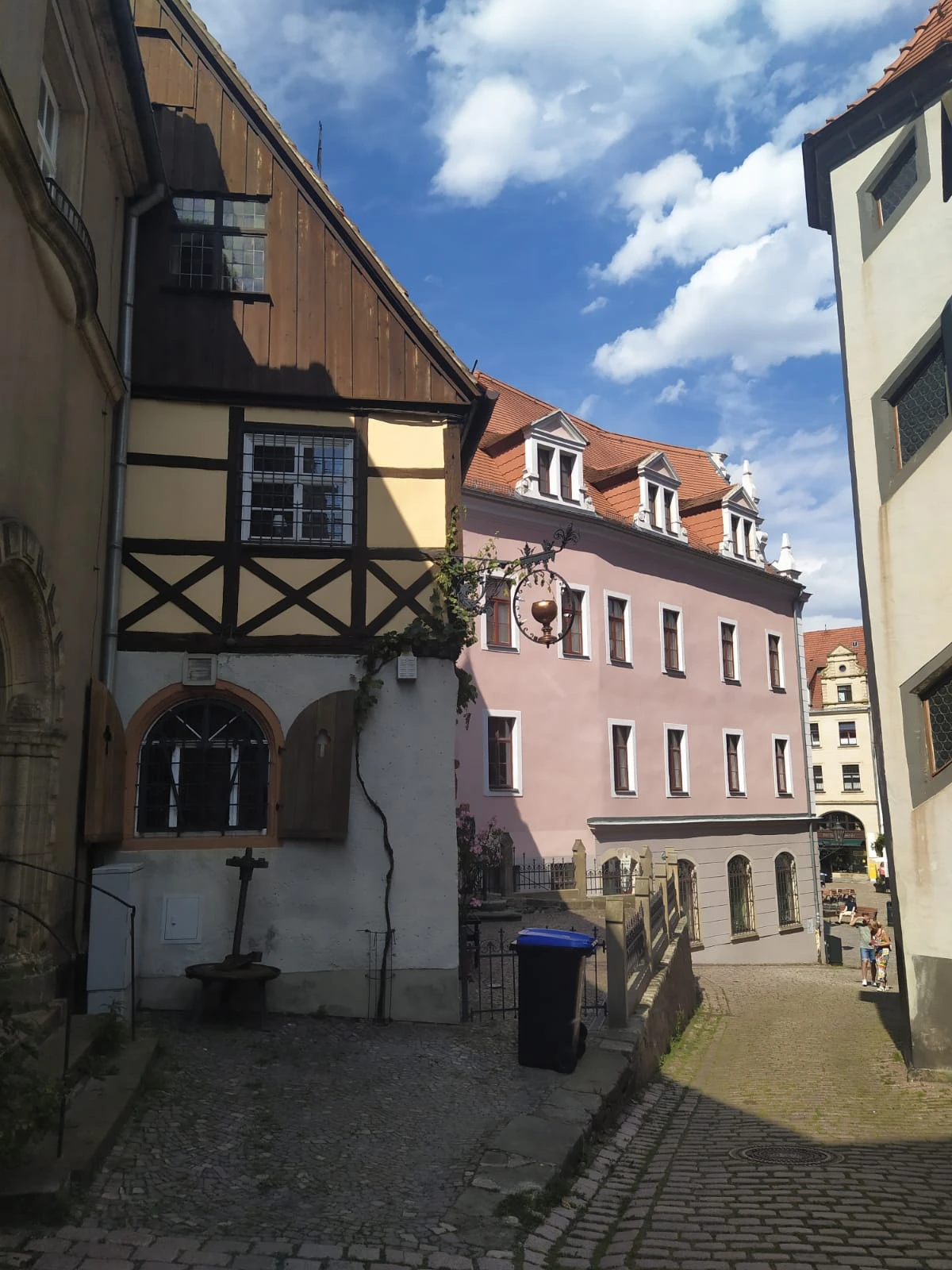 A cobblestone alley in Dresden flanked by historic buildings, including a timber-framed house, on a sunny day.