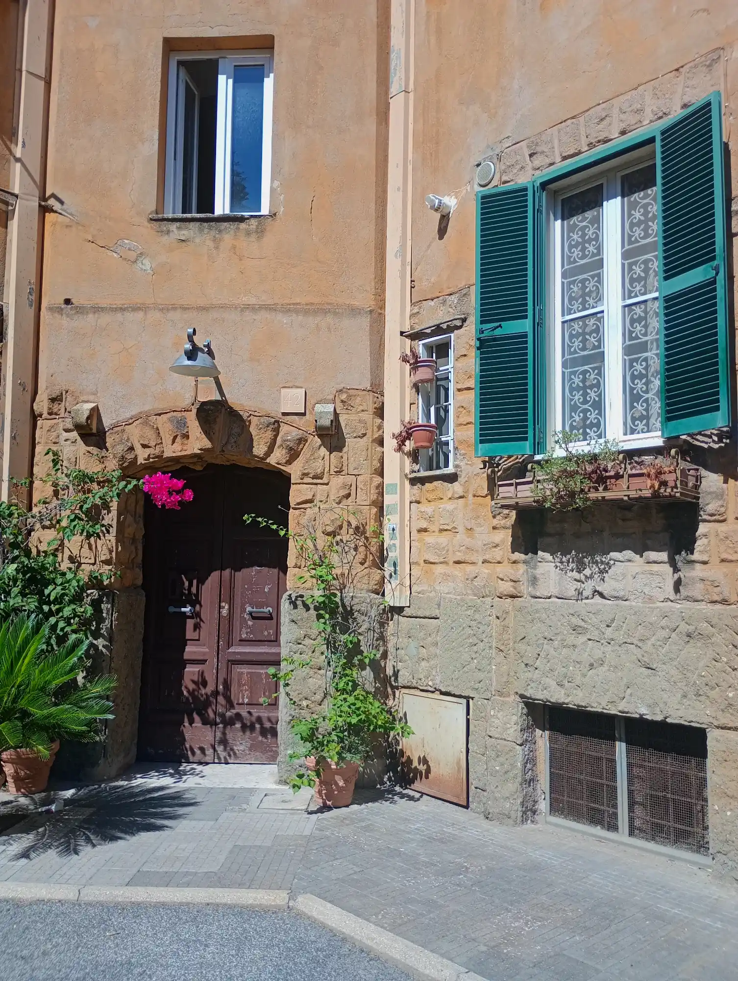 Corner of a rustic building with stone and plaster walls, a wooden door, a window with green shutters, and plants.