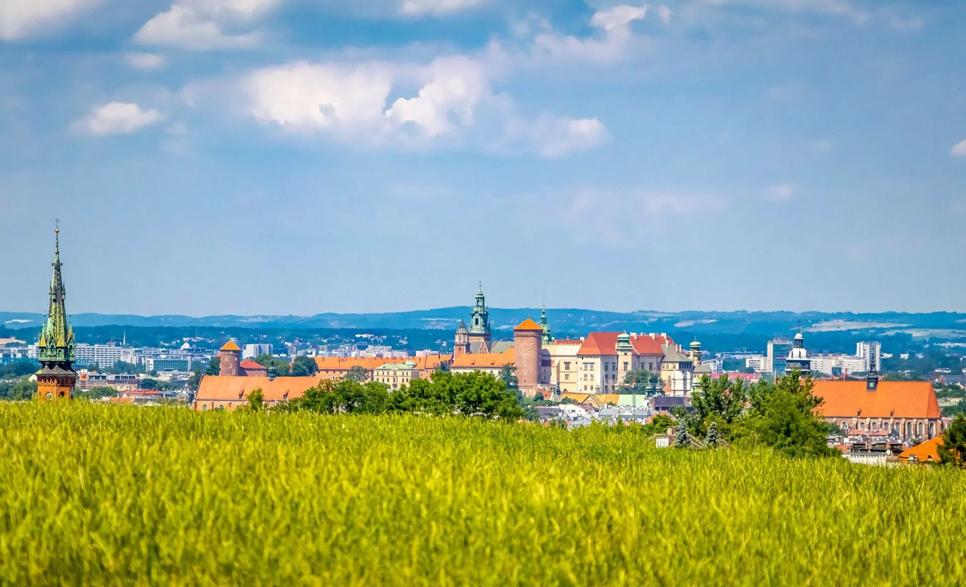 Wawel Castle and Cathedral complex viewed from a distance over a field of green crops under a blue sky with white clouds.