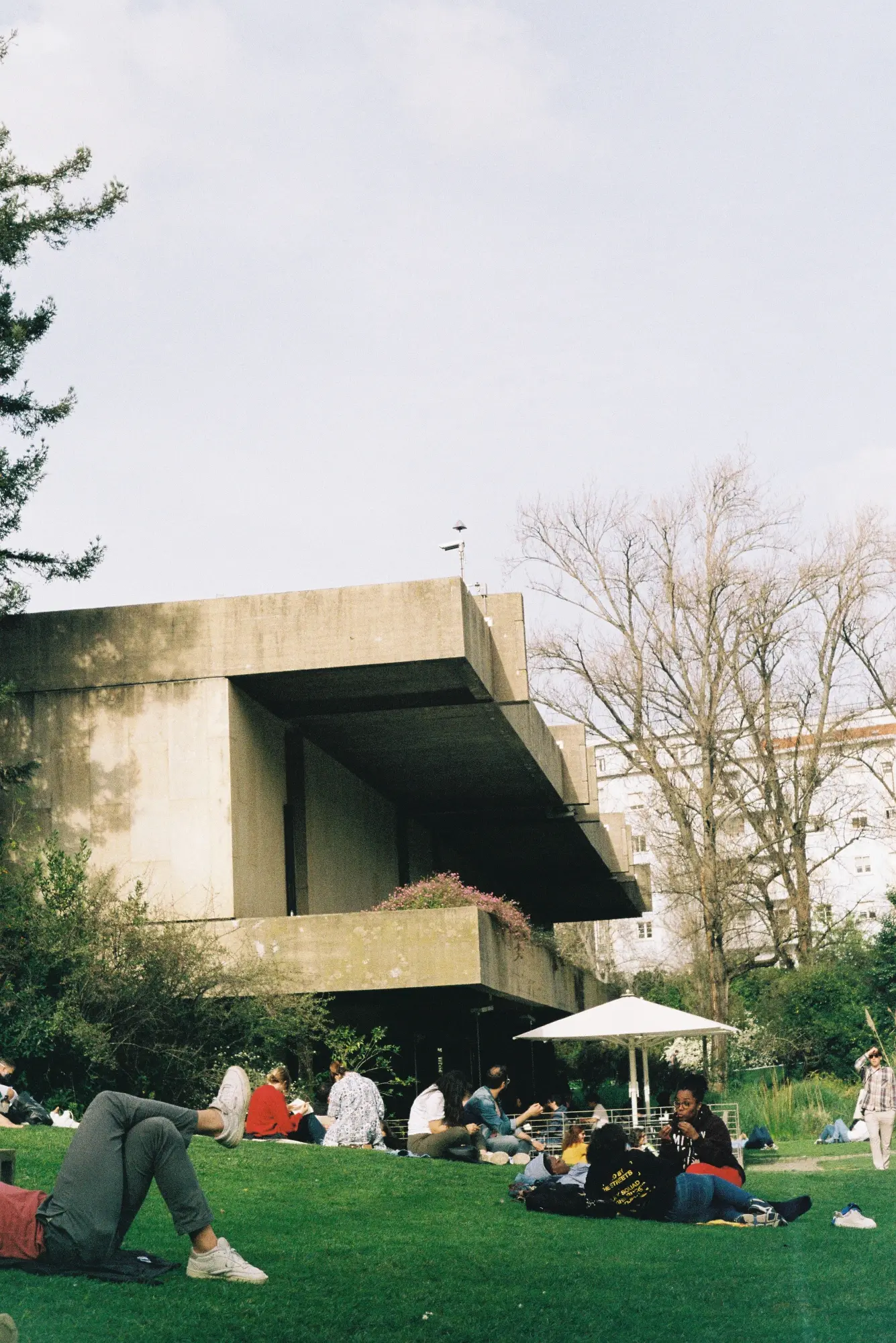 People relax on a grassy lawn in the Gulbenkian Garden, in front of the brutalist museum building in Lisbon.